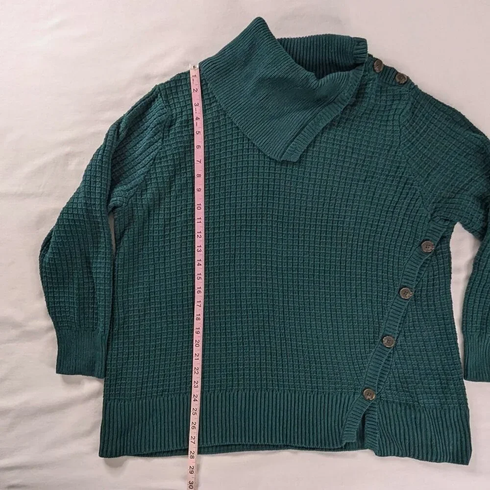Woman Within Green Chunky Knit Foldover Collar Detailed Button Sweater - Picture 3 of 6